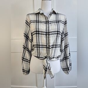 American Eagle Outfitters Plaid Tie-Front Shirt - Black and White